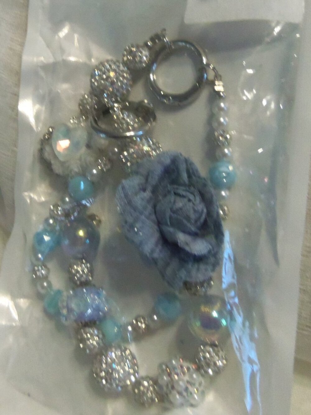 Blue Rose With beads Silver Purse Charm